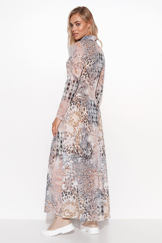 Elegant Makadamia maxi dress featuring a turtleneck and mesh long sleeves, perfect for a luxurious feminine look.