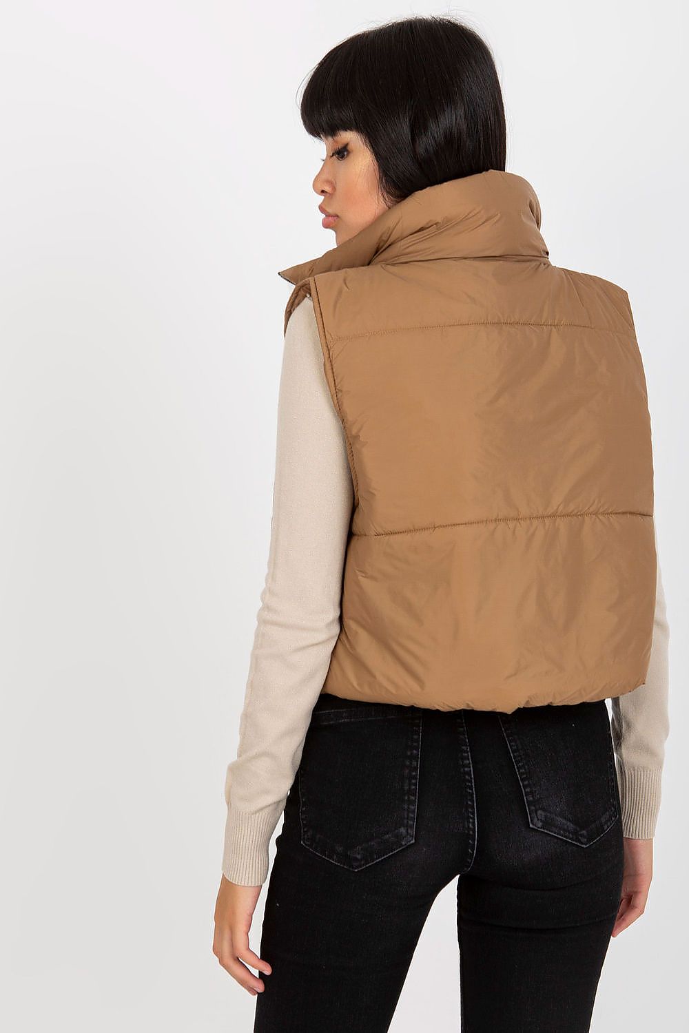 Back view of the Och Bella Women's Insulated Quilted Vest - Short Zippered Nylon Gilet, demonstrating the premium quality and refined design, perfect for a sophisticated and stylish appearance.