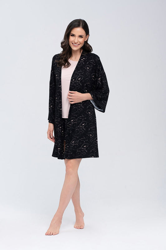 Luxurious Silky Viscose Bathrobe with Adjustable Belt by Babella, featuring a model wearing a black robe over a pastel pink top, exuding sophistication and comfort.