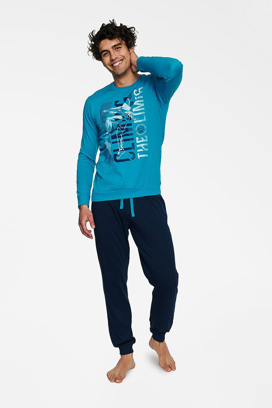 Henderson Men's Comfort Fit Pajamas Set showcasing a vibrant blue long sleeve sweatshirt with a playful design, complemented by navy trousers, perfect for leisurely nights.
