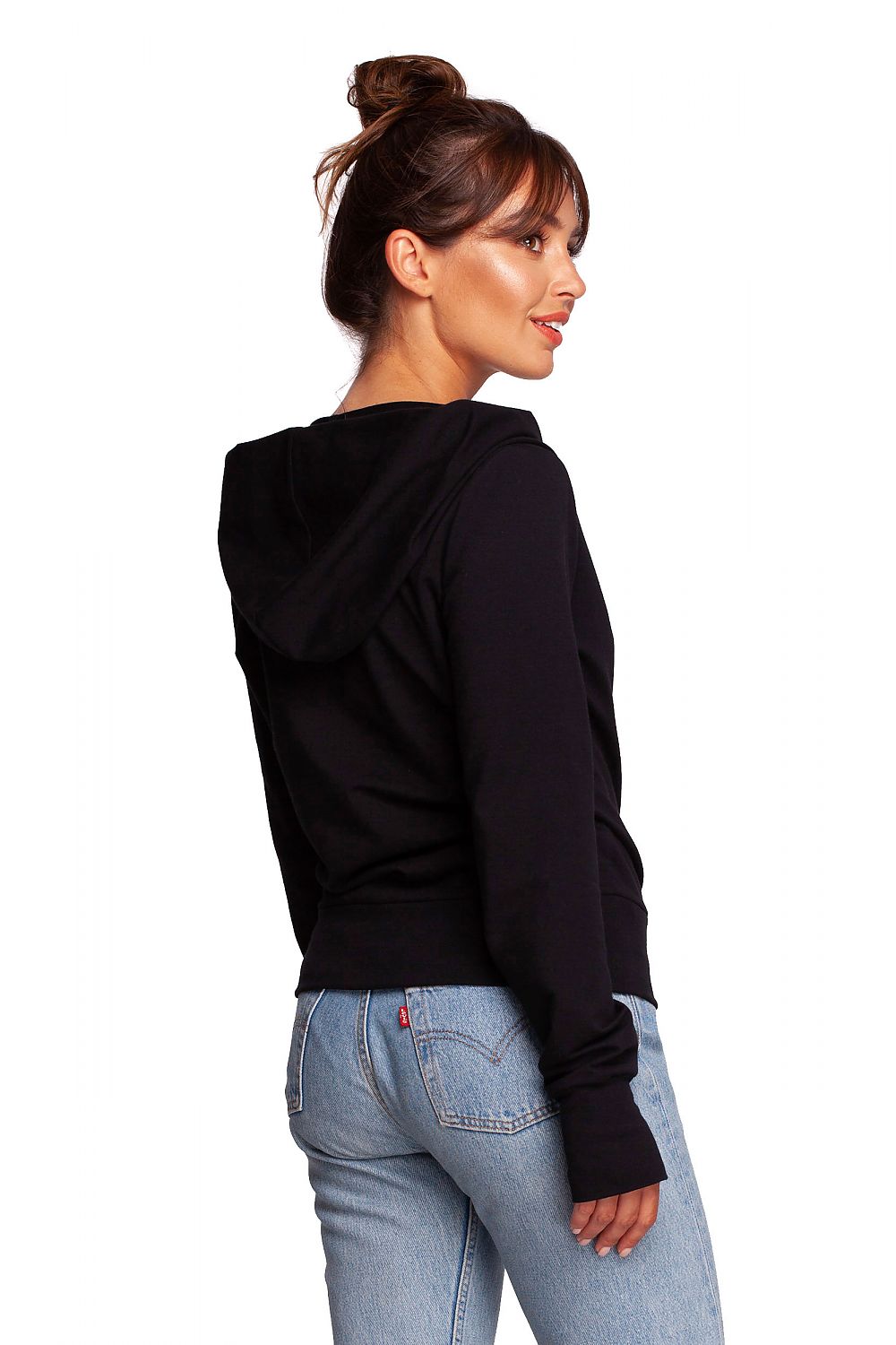 BeWear Elegant Sweatshirt With Hood, featuring thumb cutouts and a blend of 92% cotton. The model shows off the back of this refined black sweatshirt, emphasizing its luxurious style and attention to detail.