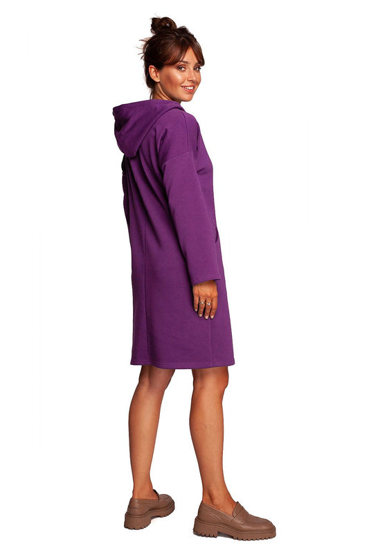 Chic rear view of the BeWear Casual Daydress with High Collar in luxurious purple, showcasing its stylish hood, refined silhouette, and hidden pockets for effortless elegance.