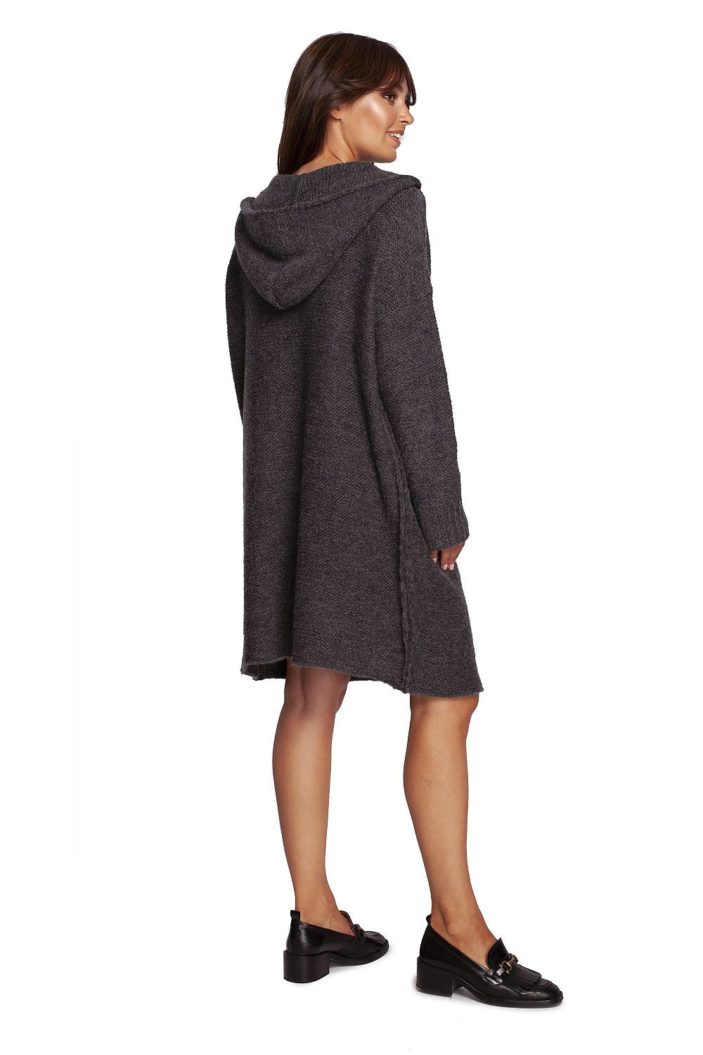 Back view of the Knee-Length Hooded Knit Sweater Dress by BE Knit in sophisticated dark grey, highlighting the hoodie and knee-length design, perfect for a luxurious autumn ensemble.