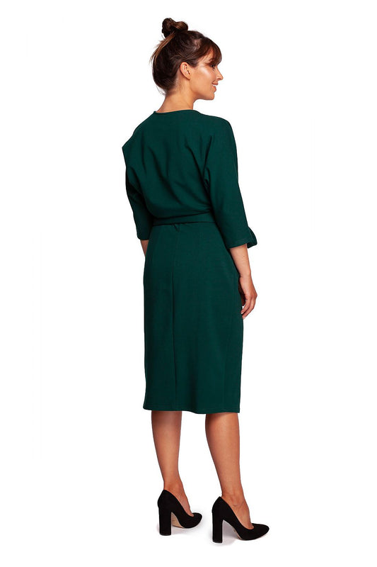 Back view of the Elegant Cotton Knit Daydress with Envelope Cut and Tapered Batwing Sleeves by BeWear, highlighting the elegant drape and modern style suitable for various events.