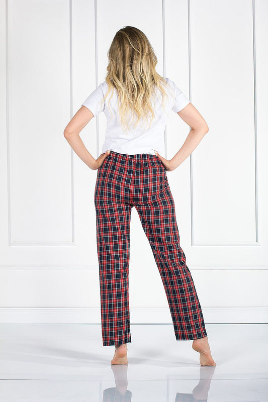 Back view of Luxury Women's Pyjama Set with Short Sleeve Blouse and Loose-Fit Long Pants, highlighting the stylish plaid long pants and comfortable fit.