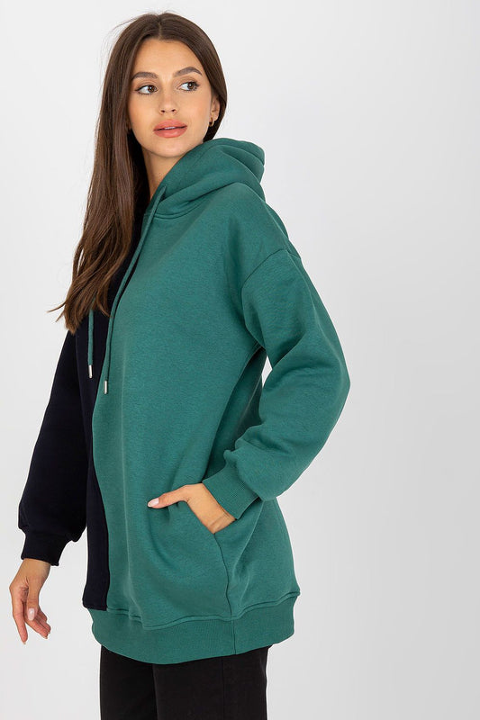 Side view of the Luxurious Two-Colour Women's Hoodie Sweatshirt by Rue Paris, showcasing its elegant silhouette and soft materials.