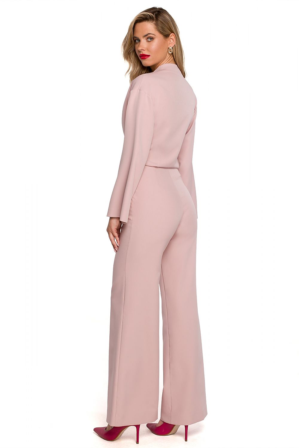 Back view of the Elegant Flared Sleeve Jumpsuit with Covered Zipper in soft pink, highlighting its elegant silhouette and sophisticated design for special occasions.