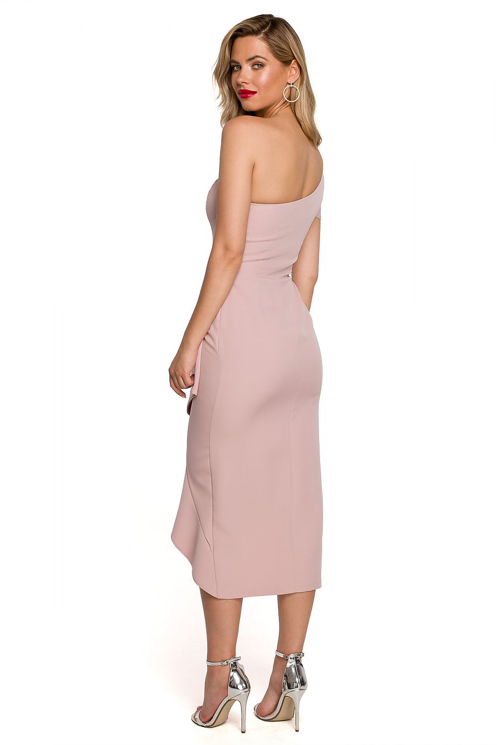 Back view of Elegant One Shoulder Makover Cocktail Dress with Overlap Design, highlighting the sophisticated cut and luxurious fit ideal for formal events.