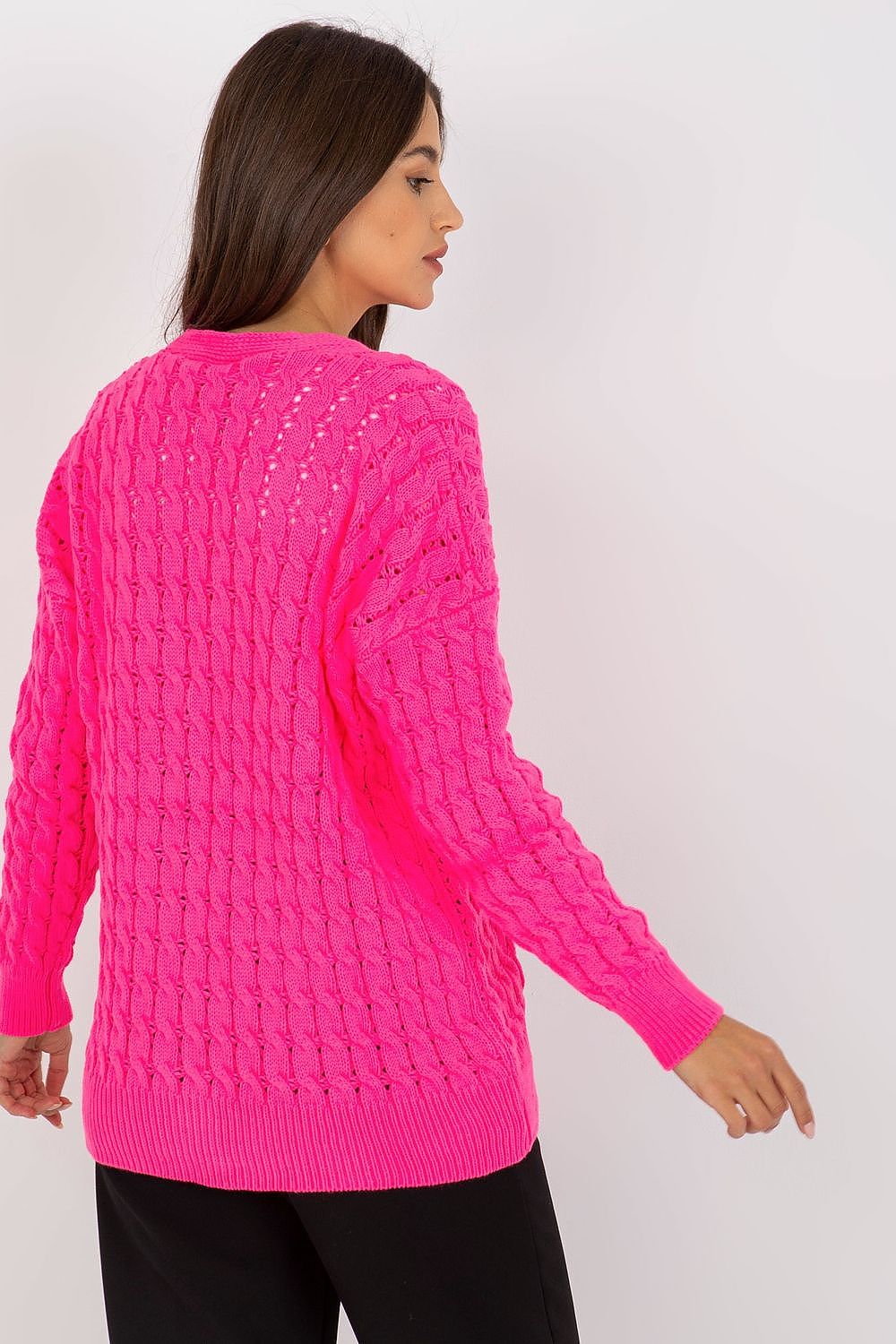 Luxury Women's 100% Acrylic Button-Down Cardigan by Rue Paris - Elegant Long Sleeve Sweater showcased from the back in bold pink, emphasizing its stylish design and luxurious feel.