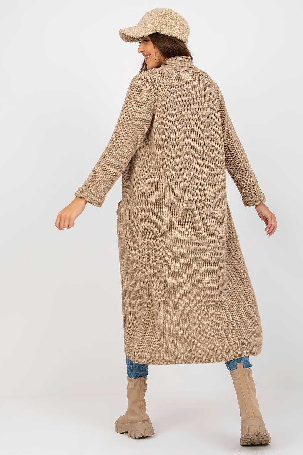 Elegant Long Unbuttoned Cardigan by Och Bella, featuring a model from the back highlighting the cardigan's graceful flow and premium materials, made with 70% Acrylic and 30% Wool.