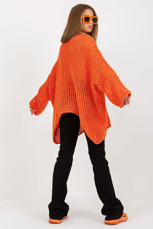 Luxury Women's Loose Fit Sweater With Heart Neckline & Asymmetrical Hem By Och Bella featuring a fashionable back view in bright orange, showcasing its trendy loose fit and contemporary design.