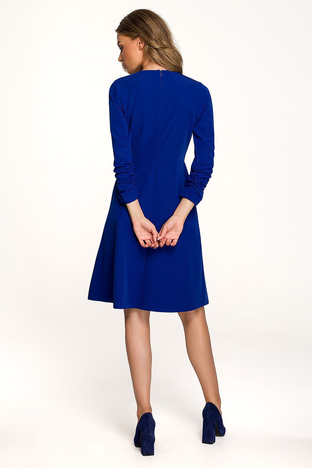 Back view of a Stylish royal blue daydress by Stylove, featuring tailored design with ruffled sleeves, ideal for chic day out or brunch gatherings.