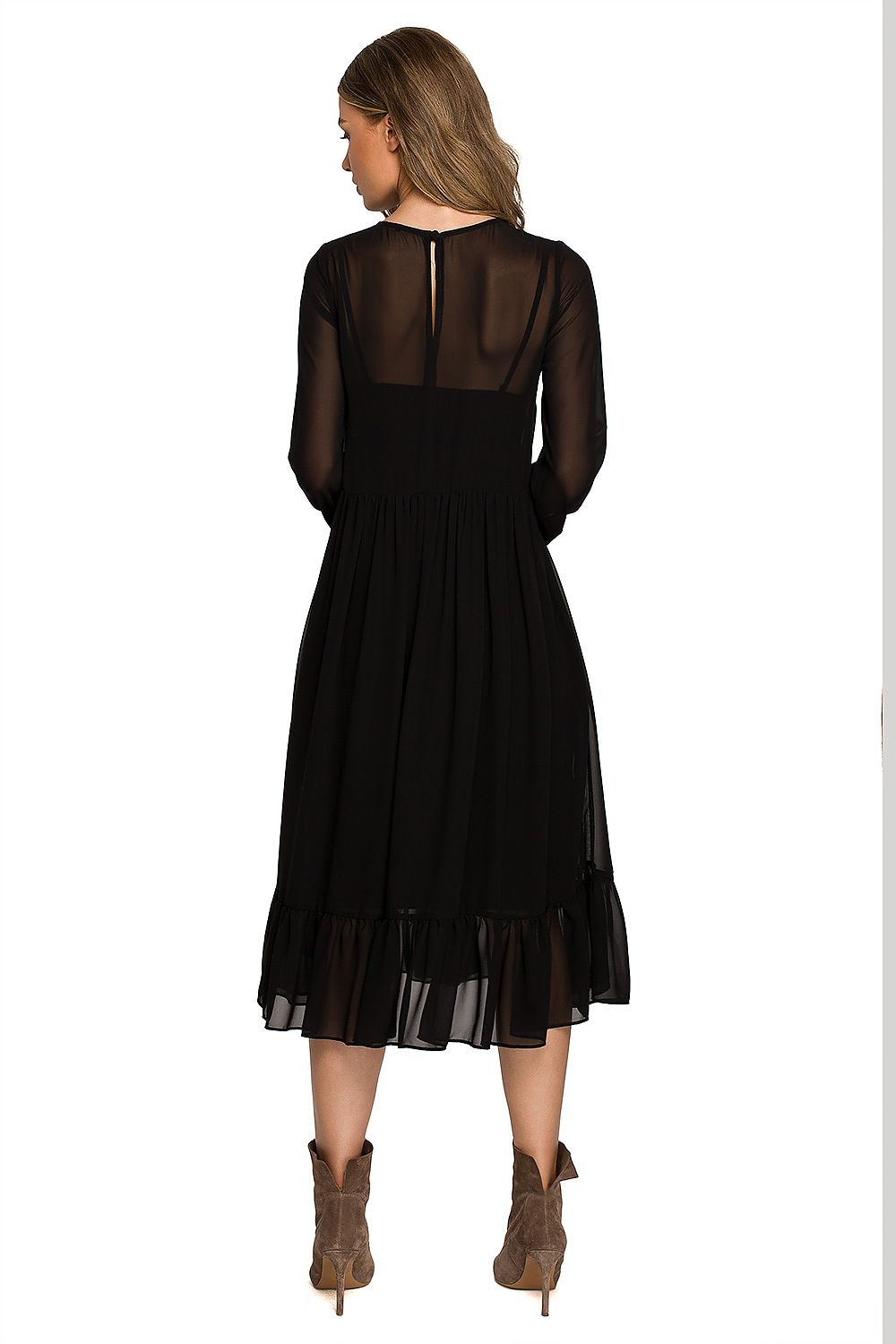Back view of a stylish black chiffon cocktail dress with a ruffled hem, highlighting its elegant design and versatility for special occasions.