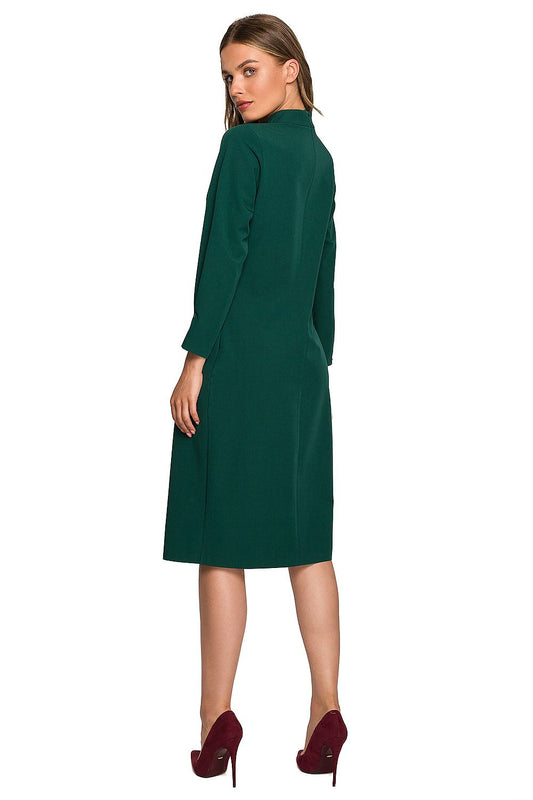 Stylove elegant daydress with high collar and covered zipper, showcased in deep green with a back view, perfect for stylish occasions.
