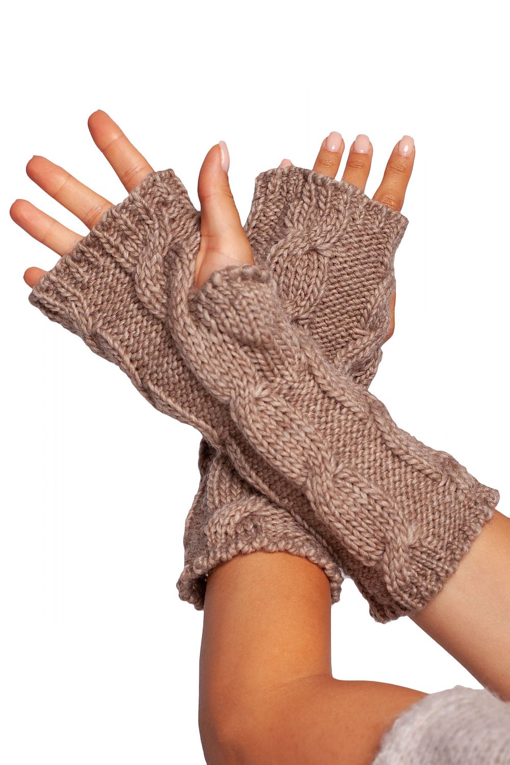 Elegant luxury tall fingerless gloves in a warm ribbed knit, showcasing a beautiful cable pattern. The gloves, made from a blend of 75% acrylic, 15% nylon, and 10% wool, provide both style and comfort, ideal for chic winter fashion.