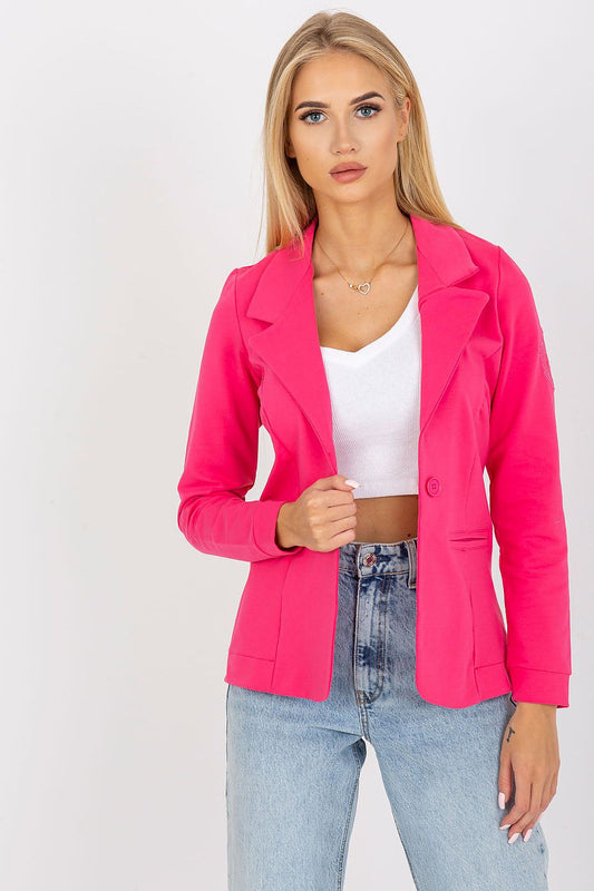 Elegant pink long sleeve jacket by Och Bella, designed with a single button closure and decorative sleeve patch for a sophisticated look.