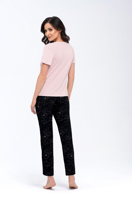 Back view of the Babella Women's Luxurious 2-Piece Pyjama Set showcasing a short sleeve blouse and sophisticated 7/8 pants, perfect for a luxurious night in.