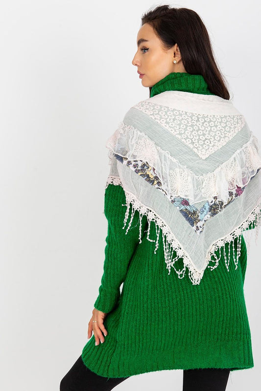 Elegantly styled vintage neckerchief scarf draped beautifully, showcasing intricate lace detailing and vibrant floral patterns, complemented by a chic green knit sweater.