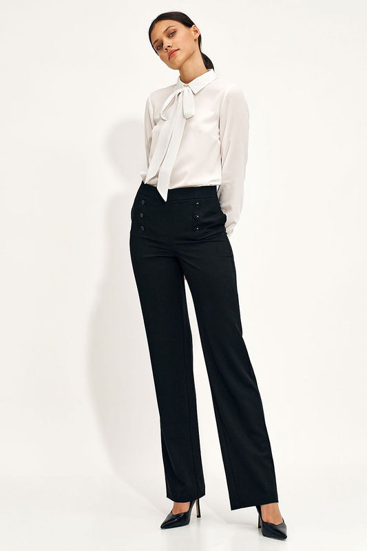 Elegant high-rise wide-leg trousers for women by Nife, featuring stylish button details, paired with a luxurious white blouse and high heels, perfect for sophisticated office wear.