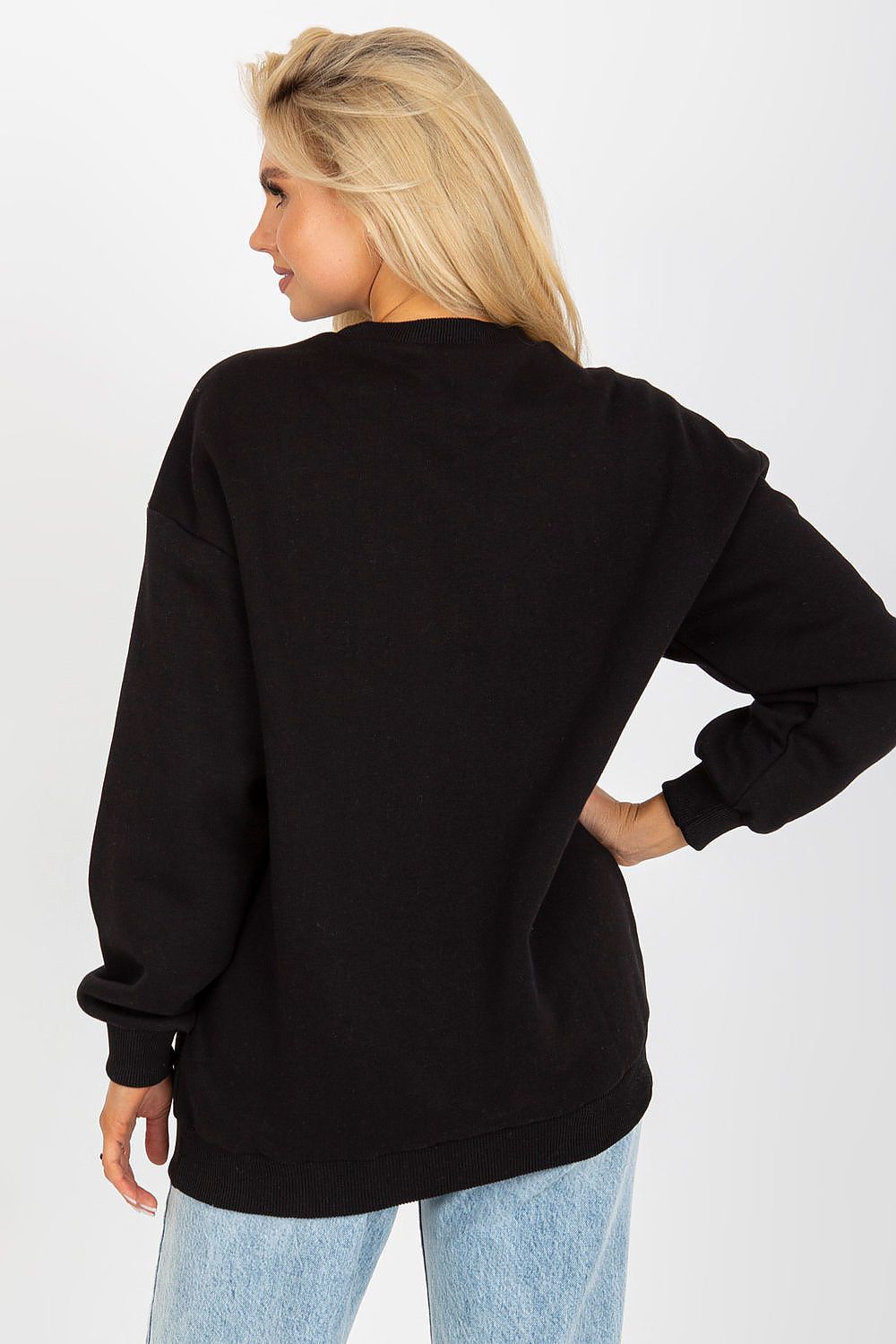 Stylish back view of a luxurious women's cotton blend sweatshirt in black, elaborately designed for a modern aesthetic.