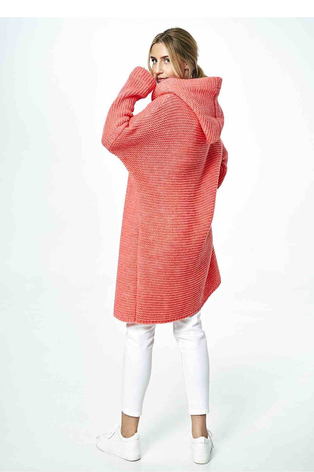 Back view of a luxurious coral hooded cardigan, highlighting its stylish design and soft texture, perfect for fashionable layering.
