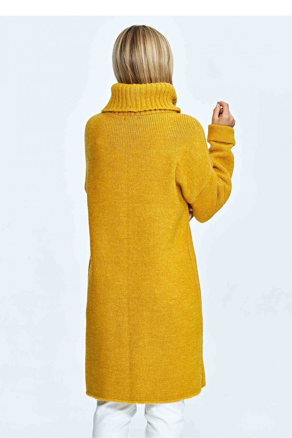 Back view of a luxury yellow turtleneck jumper made from a soft acrylic and wool blend, showcasing its stylish warmth and elegant presence.