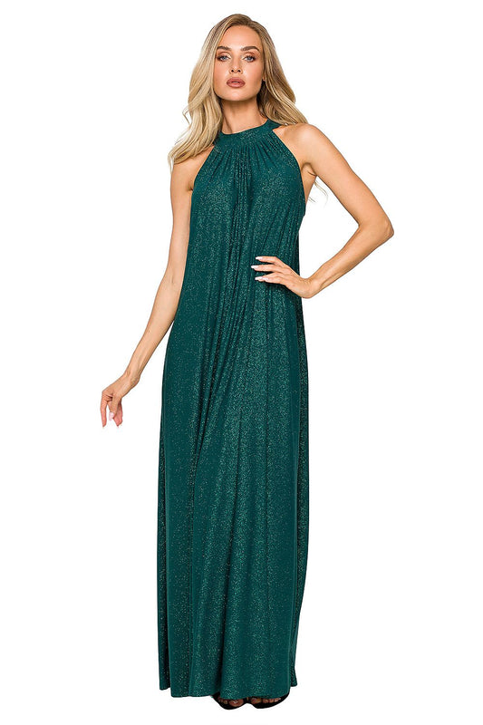 Chic halter neck maxi dress in teal, showcasing luxurious draping and a tie belt for a sophisticated evening look.