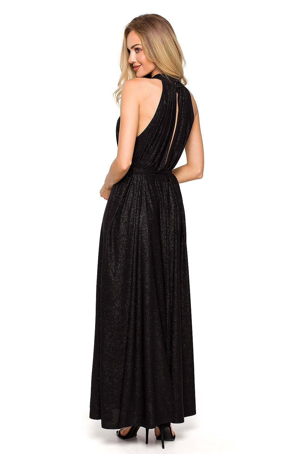 Elegant back view of black maxi evening dress featuring a halter neckline and stylish cut-out detail, enhancing the flowing design and luxurious appeal perfect for formal occasions.