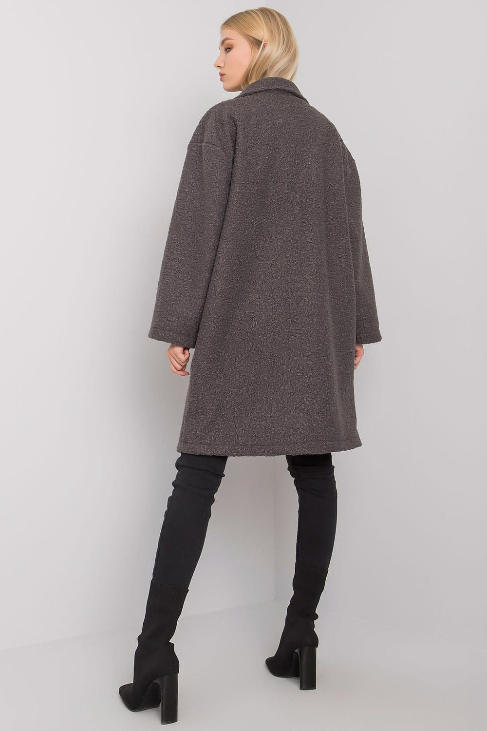 Chic back view of a dark grey polyester coat for women, presenting a modern silhouette with a tailored collar and an unstructured design, ideal for a contemporary wardrobe.