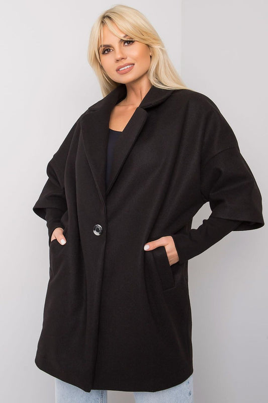 Chic black coat for women from Rue Paris with a relaxed fit, stylish button detail, and comfortable side pockets, perfect for luxurious casual wear.