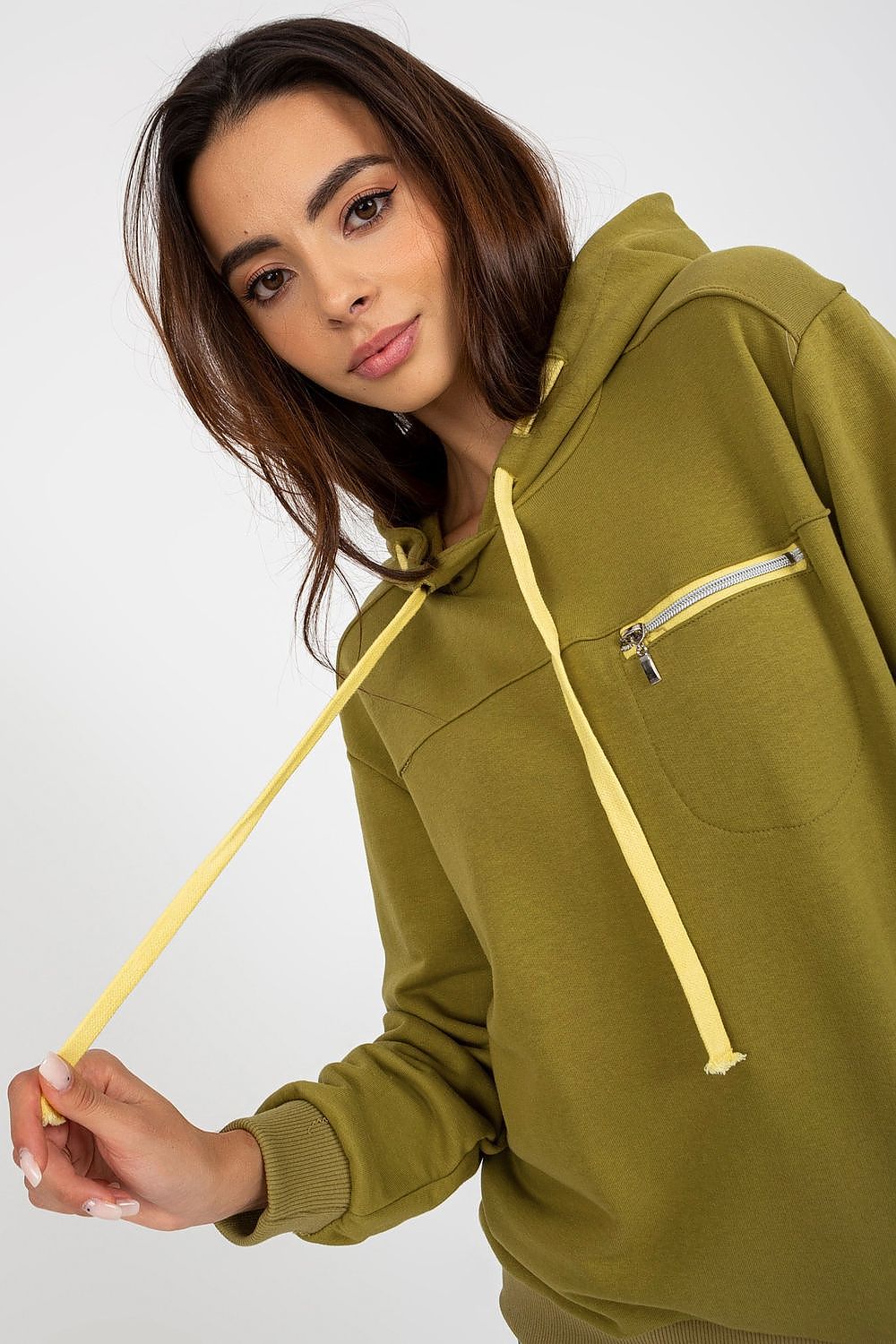 Chic olive green women's hoodie sweatshirt showcasing a zippered pocket and stylish yellow drawstrings, perfect for a luxury casual look.