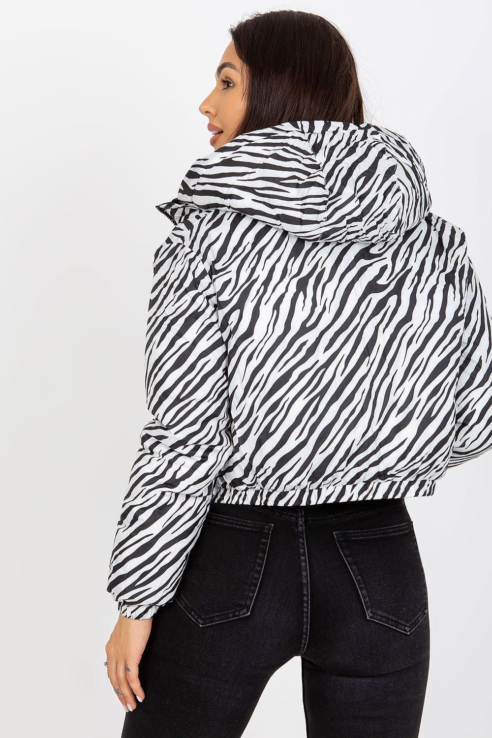 Elegant men's luxury polyester jacket showcased from the back, featuring a striking black and white zebra print with a flattering cropped design, perfect for stylish winter attire.