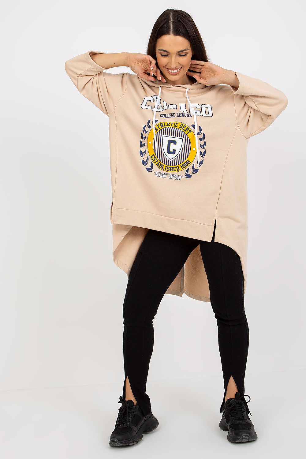Sophisticated women's 100% cotton oversized hoodie with an asymmetrical cut, showcasing a Chicago college league design. Ideal for effortless chic style and comfort.