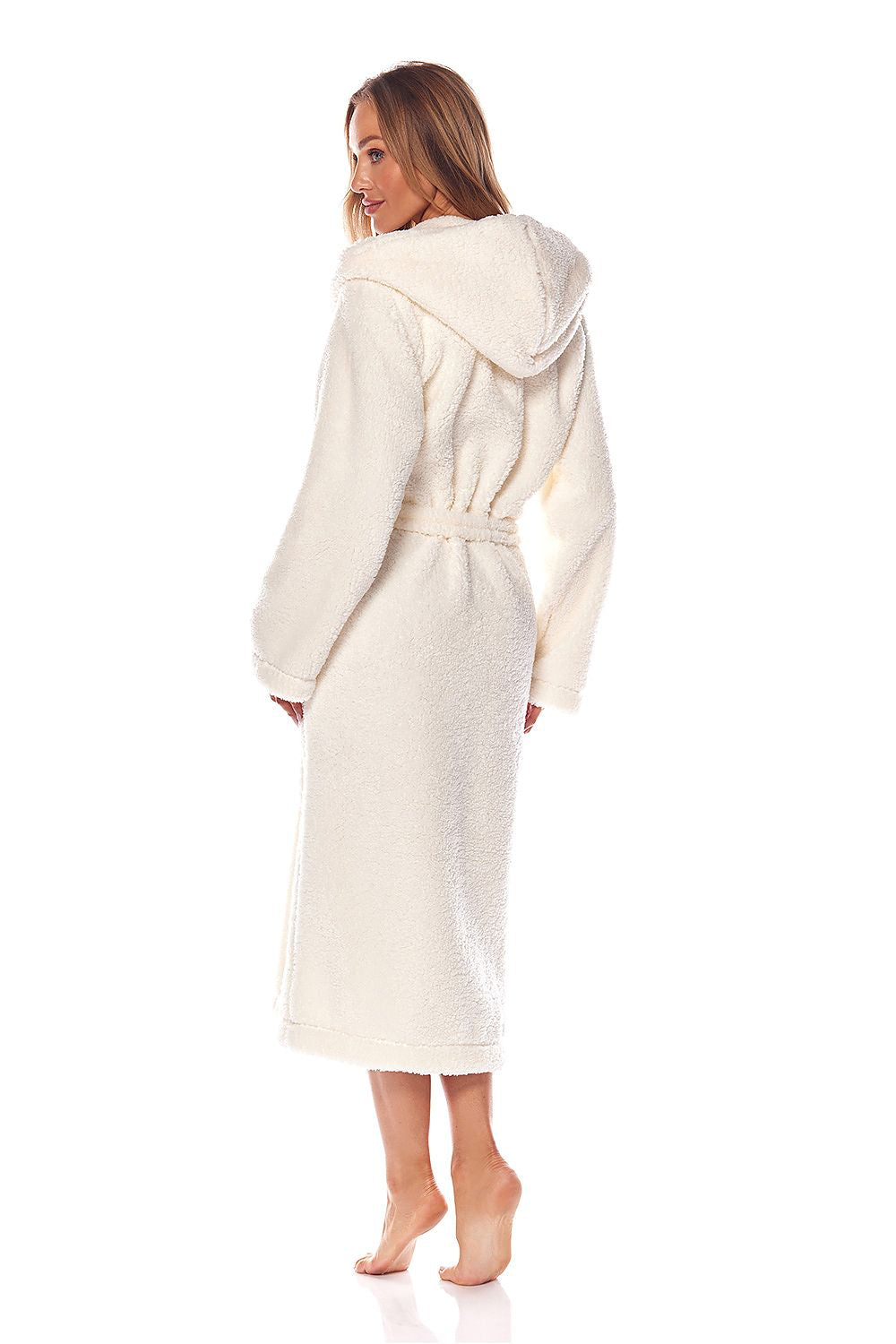 Elegant back view of a women's hooded bathrobe in soft knit fabric, showcasing the waist tie and plush texture, ideal for cozy comfort.