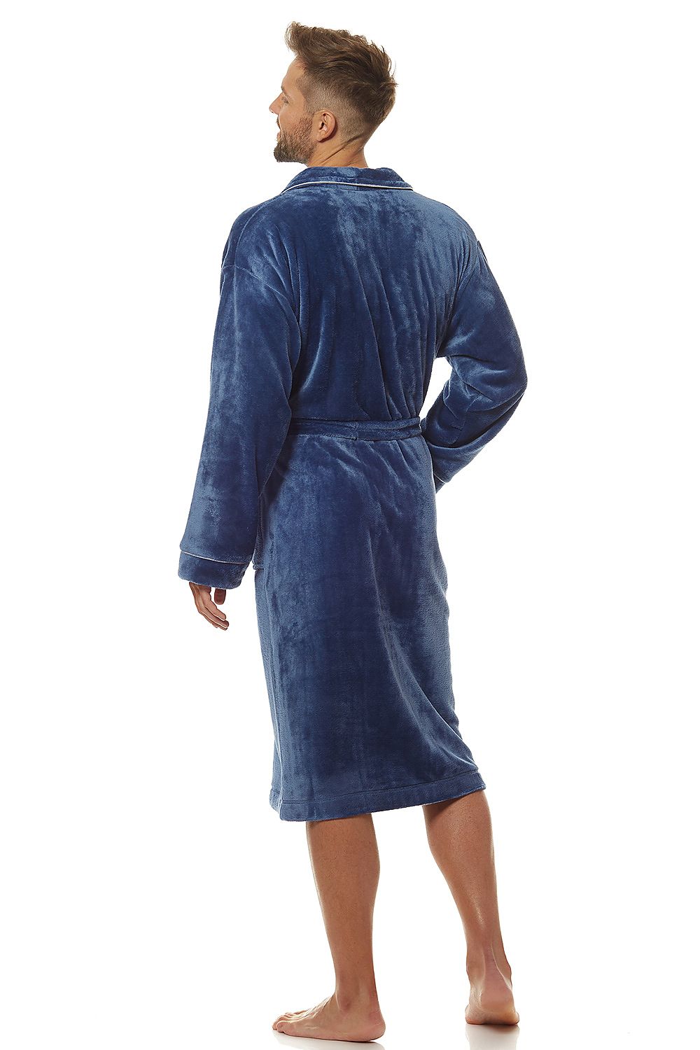 Men's luxury soft knit bathrobe showcased from the back, highlighting a stylish and comfortable design in navy blue, ideal for a refined and cozy home experience.