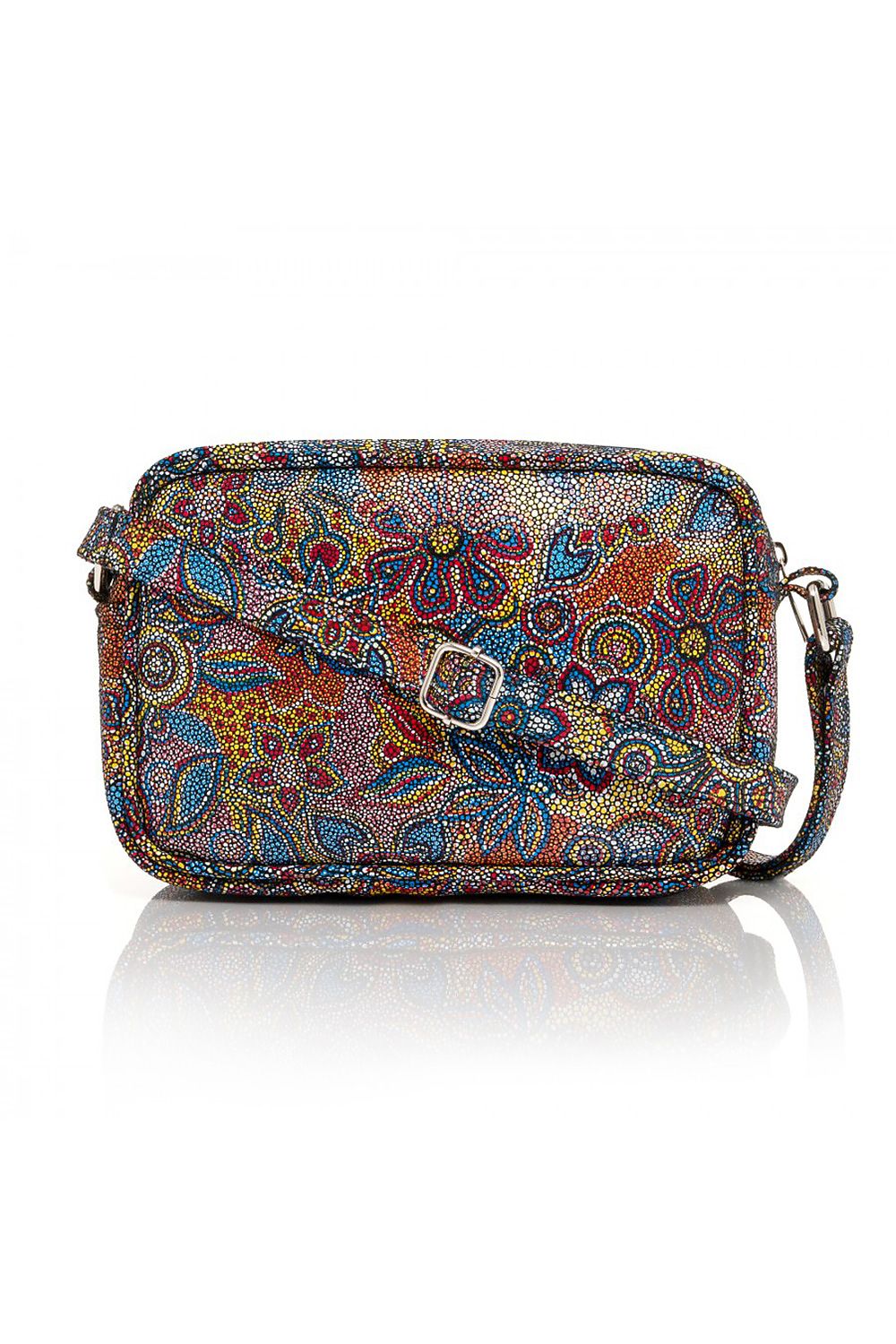 Chic natural leather women's handbag showcasing an intricate colourful flower design, featuring an adjustable strap, perfect for complementing any fashionable outfit.