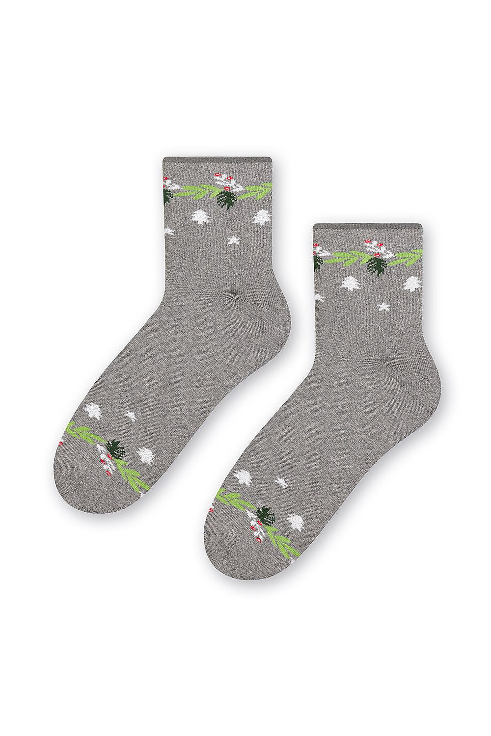 Chic Steven cotton terry winter socks adorned with stylish Christmas motifs on a soft grey base, perfect for keeping feet warm and cosy, available in sizes 35-40.
