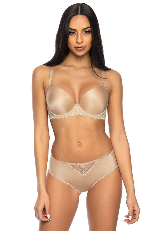 Elegant model showcasing a luxury lace T-back thong with smooth front, highlighting the intricate lace detailing at the back, perfect for adding a touch of sophistication to women's lingerie collections.