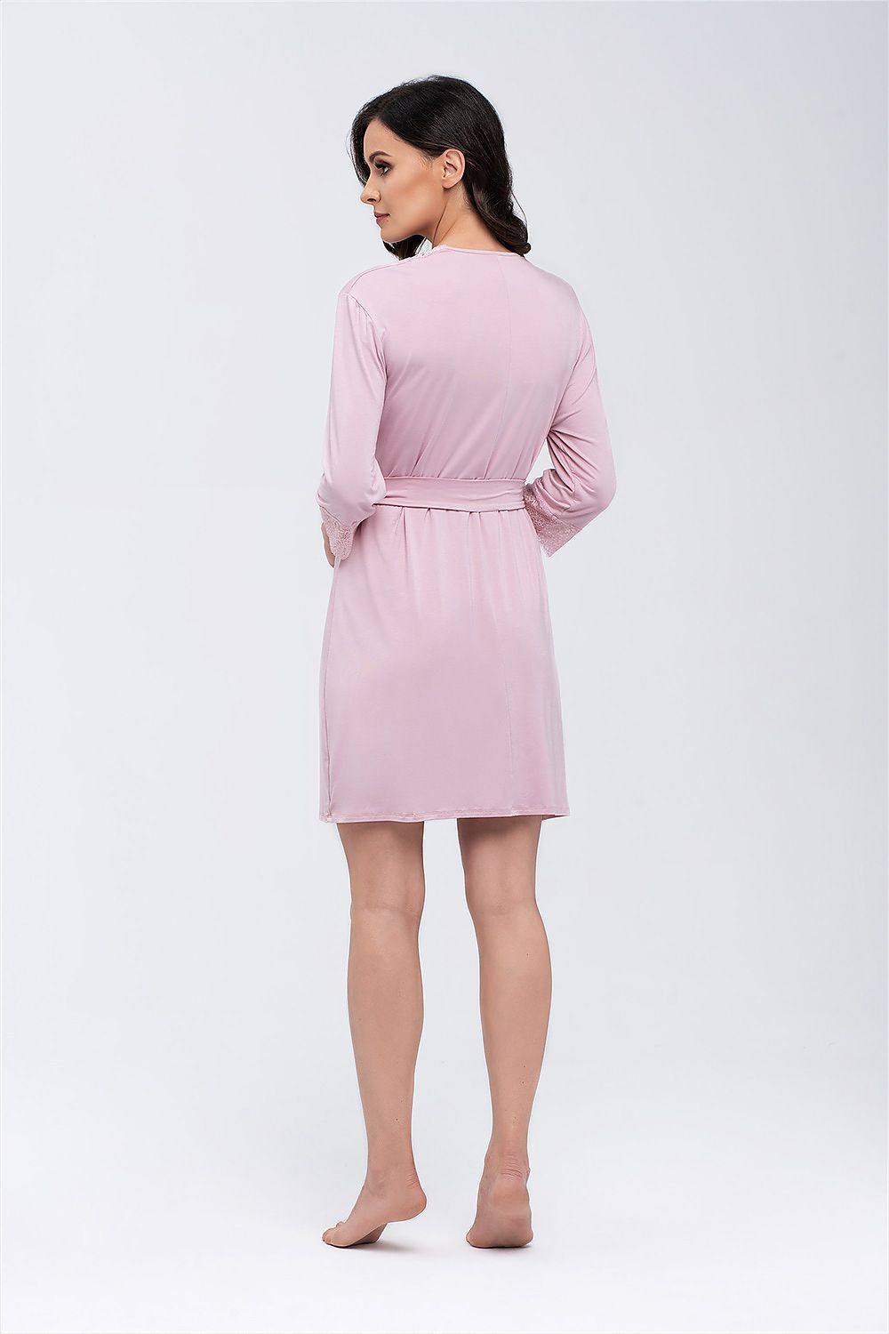 Back view of a luxurious pink lace bathrobe for women showcasing its elegant design with 3/4 sleeves and a soft, knee-length fit.