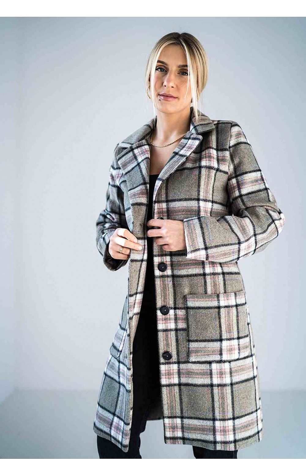 Elegant front view of a Figl knee-length checked coat with a refined collar, worn by a model exuding sophistication.