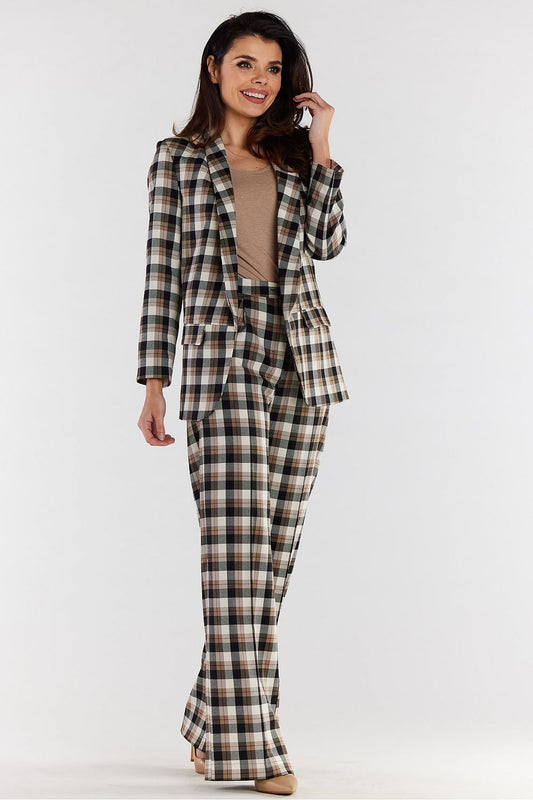 Stylish high-waisted wide-leg trousers paired with a plaid blazer, showcasing a luxurious and modern womenswear ensemble.