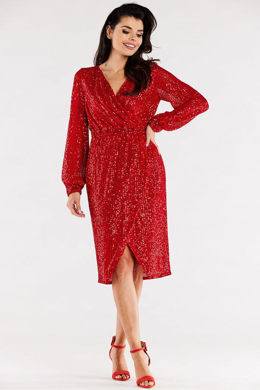 Chic red sequined dress with wider sleeves, designed with a stylish cross-over neckline and a flattering elastic waist, perfect for special occasions.