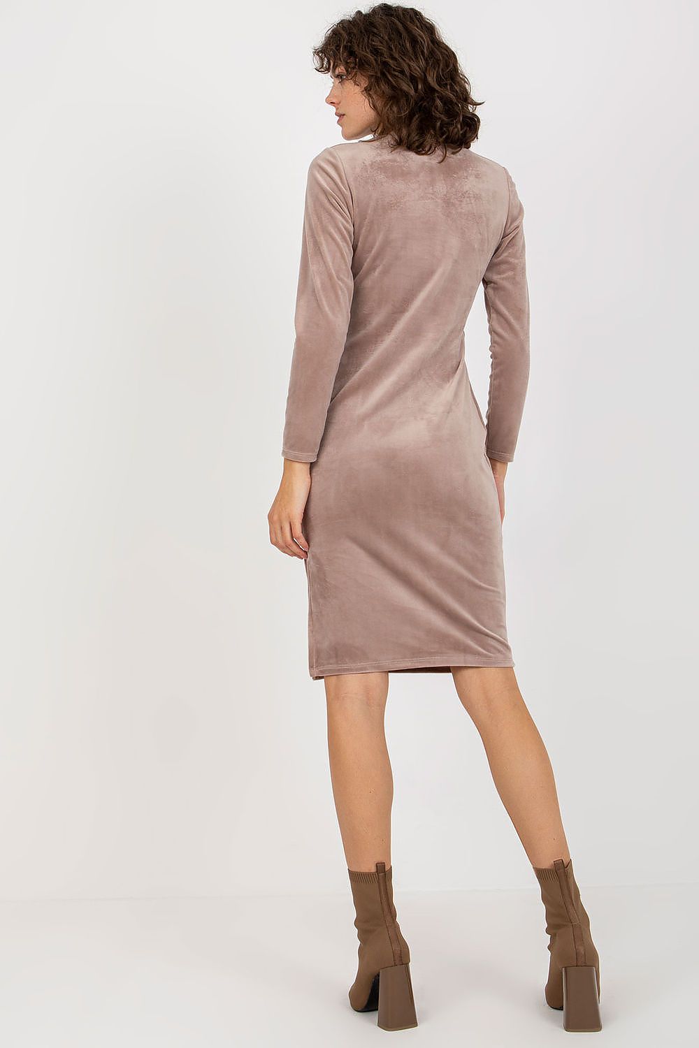 Refined back view of a luxurious taupe velvet evening dress by Rue Paris, showcasing its smooth texture and long sleeves, ideal for a sophisticated look.