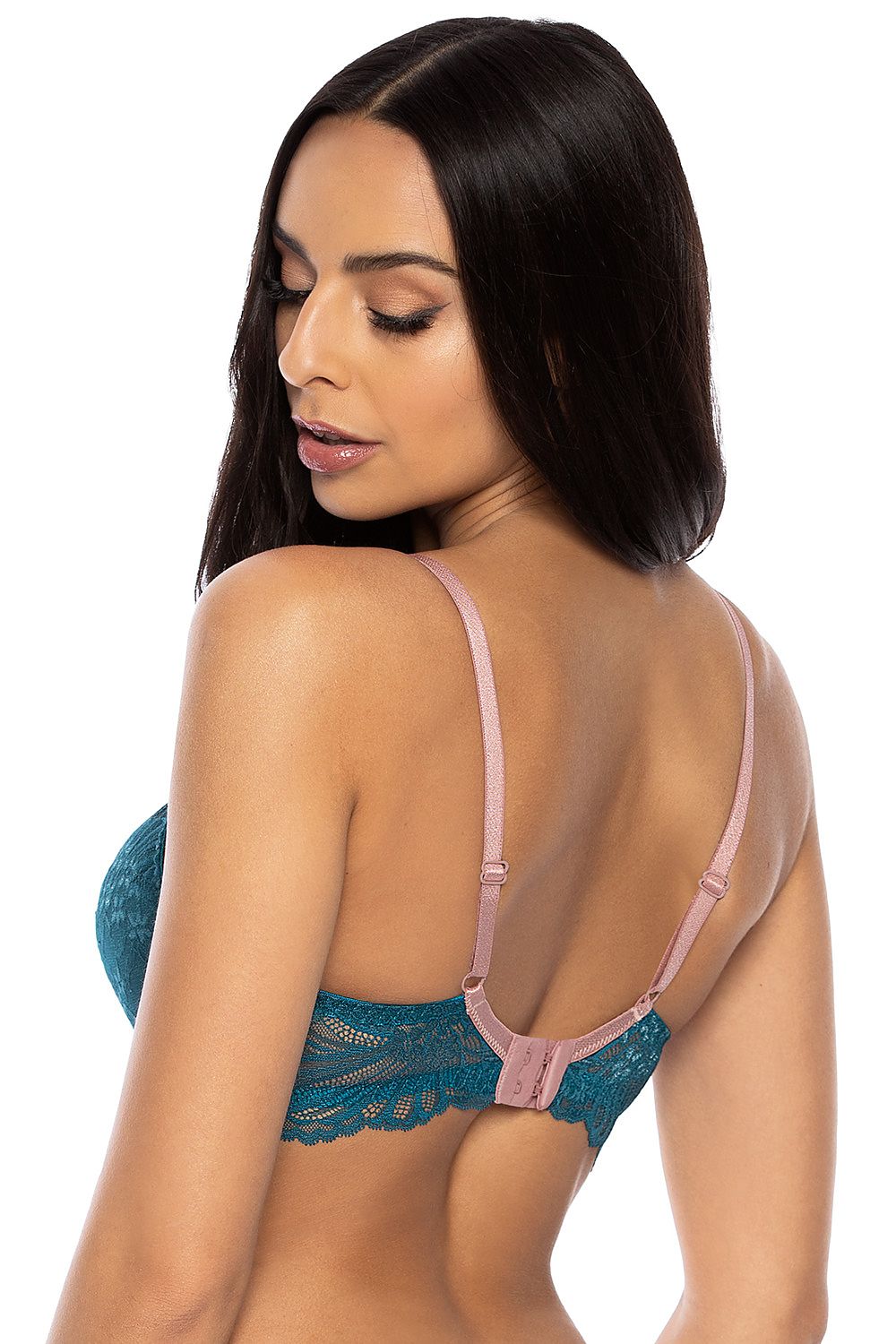 Elegant turquoise lace push-up bra featuring removable inserts and delicate bow detail on the back, adjustable straps, and luxurious hook-and-eye fastening.
