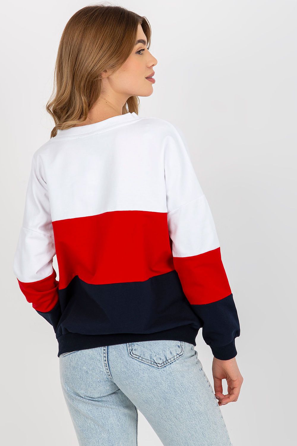 Back view of a luxurious women's Rue Paris sweatshirt in tri-colour design, emphasizing comfort and style, perfect for everyday chic attire.