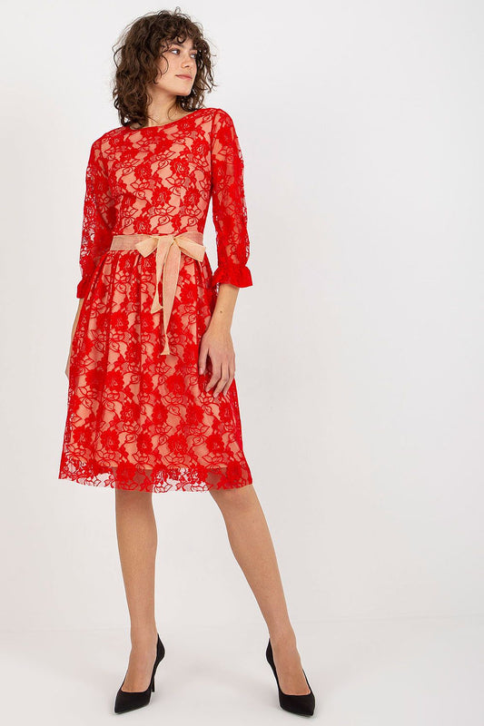 Sophisticated red lace dress with 3/4 sleeves and a flattering waist tie, perfect for refined evening events.
