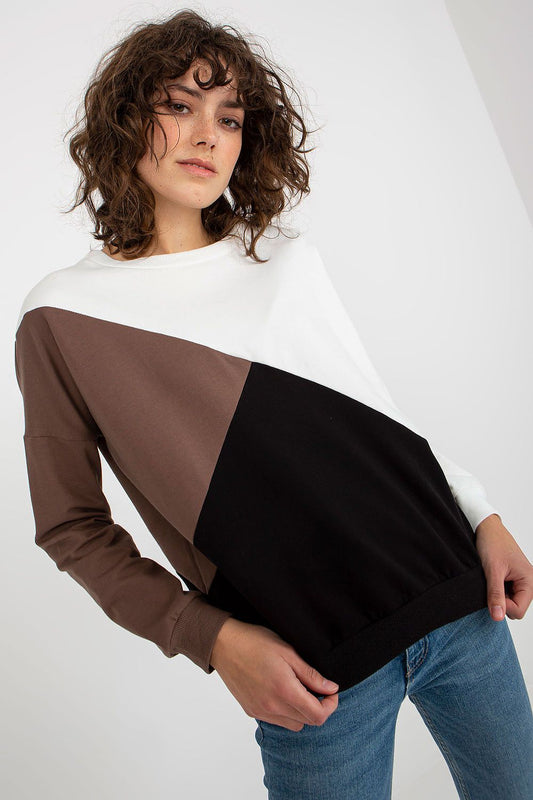 Elegant women's long sleeve sweatshirt showcasing a modern colour-block design in white, brown, and black shades, ideal for a fashionable and comfortable outfit.