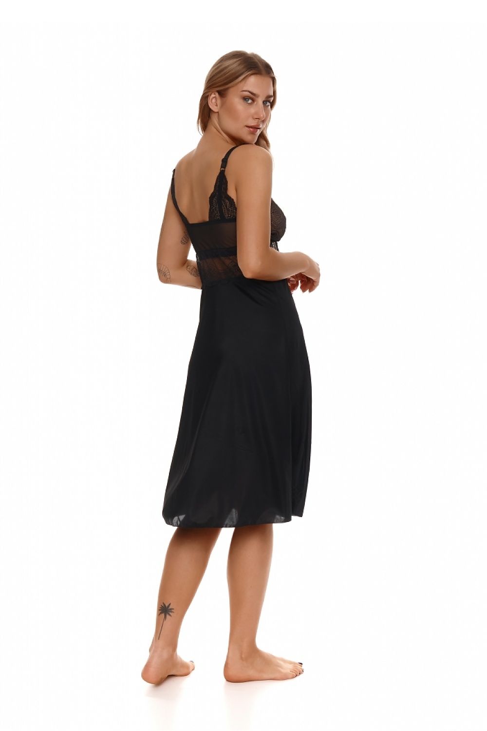 Elegant black lace nightgown by Lupo Line for curvy women, featuring intricate detailing with adjustable straps and delicate bows perfect for a sophisticated sleepwear look.