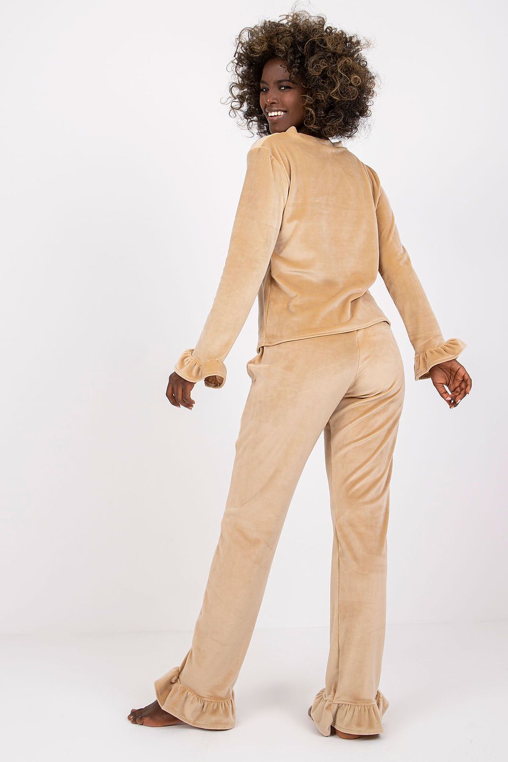 Luxurious Velour Pajamas Set by Rue Paris featuring a frilled blouse with long sleeves and a sweetheart neckline, paired with long elastic waistband pants adorned with decorative bows and frills.