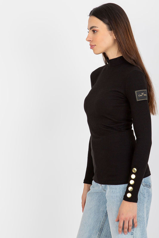 Och Bella Ribbed Fabric Blouse With Long Sleeves And Half Turtleneck, Buttons Detail - Elegant and stylish blouse featuring ribbed fabric for a luxurious feel.